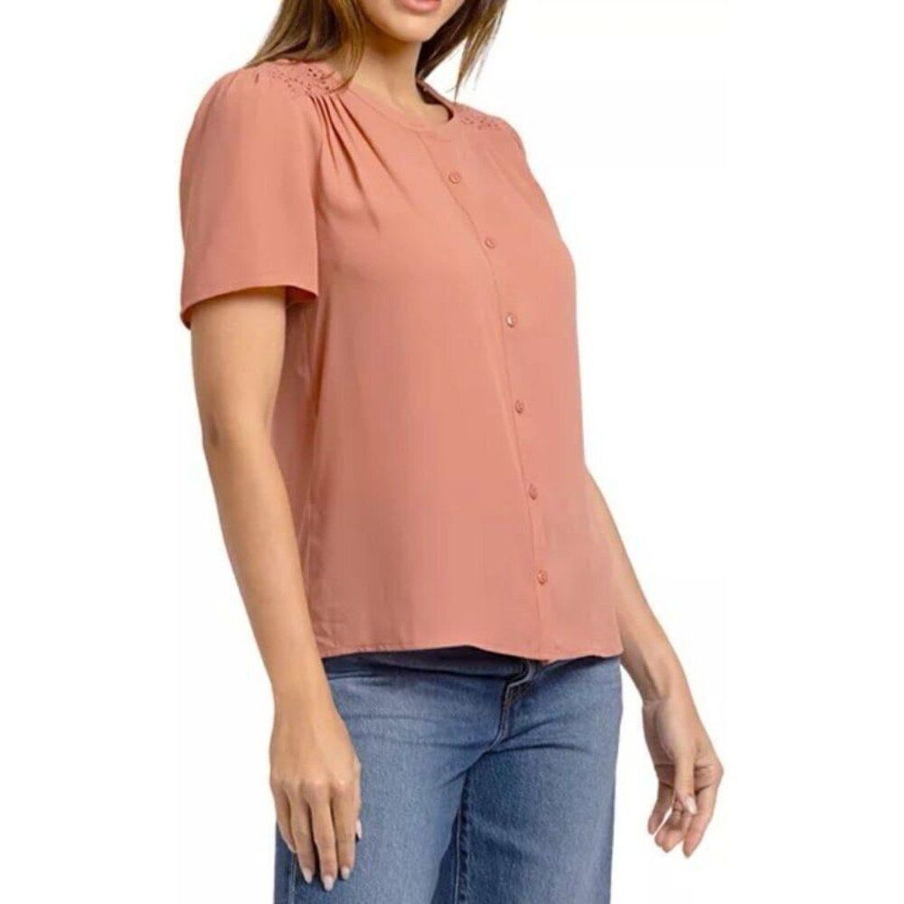 NEW Daniel Rainn Pink Eyelet Blouse Minimalist Spring Dainty Feminine Boho Chic